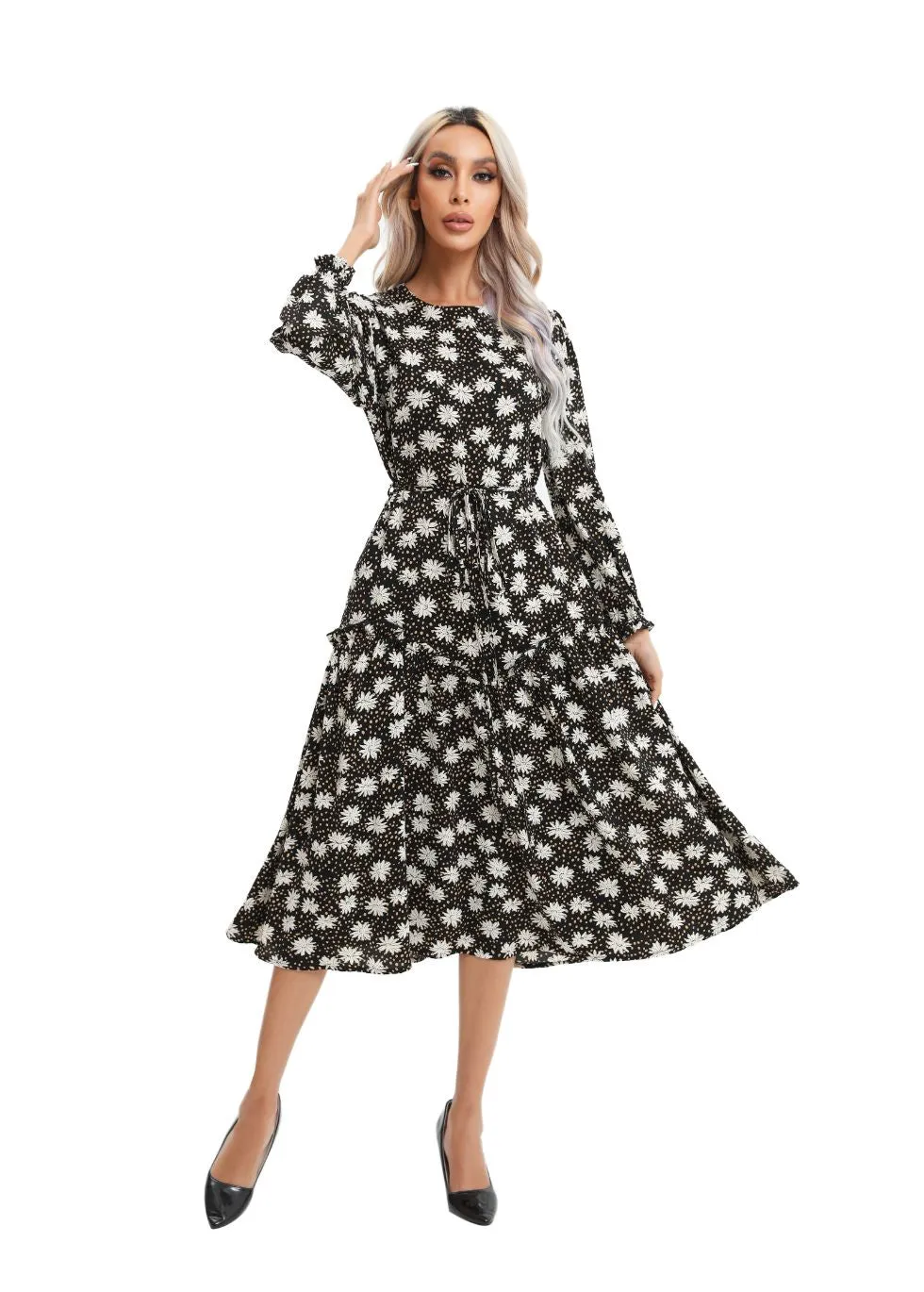 Modest Floral Midi Dress with Light Front Tie