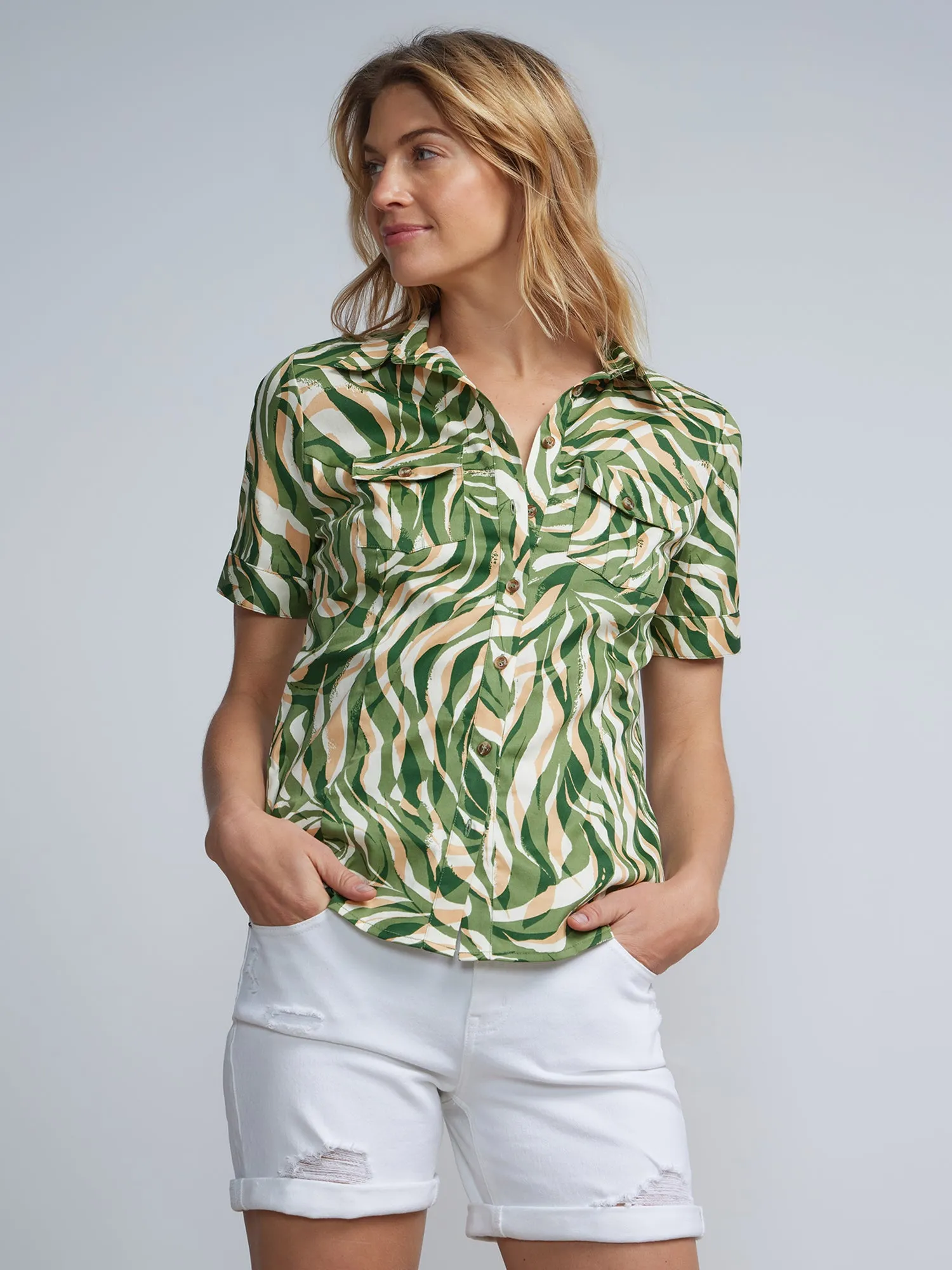 Petite Leaf Print Short-Sleeve Button-Front - NY&C Madison Shirt®
