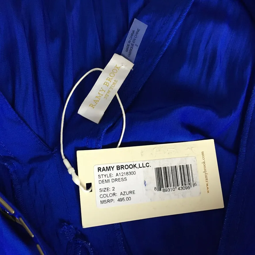 Ramy Brook Azure Color V-neck, Sleeveless Goldtone Embellishment Demi Dress