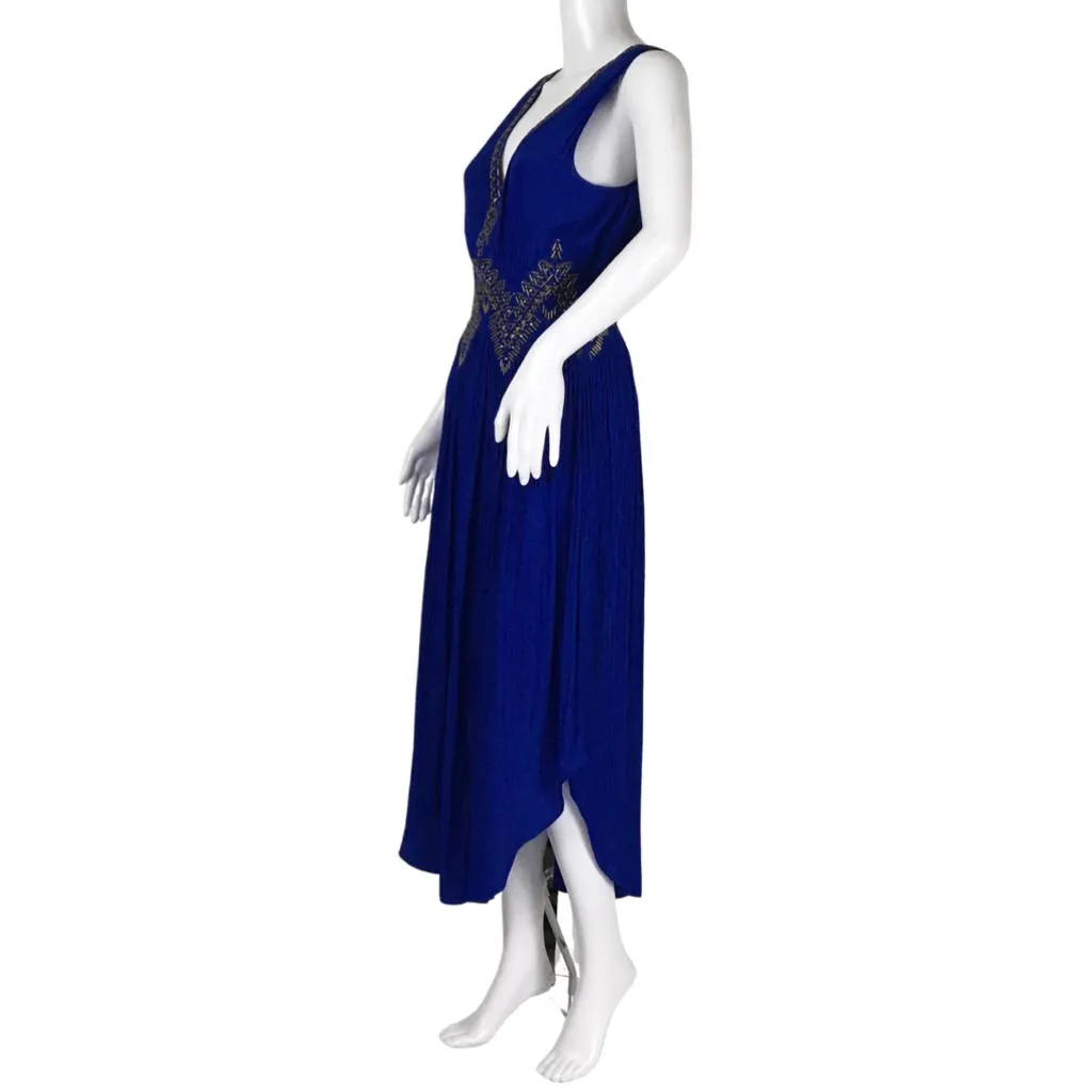 Ramy Brook Azure Color V-neck, Sleeveless Goldtone Embellishment Demi Dress