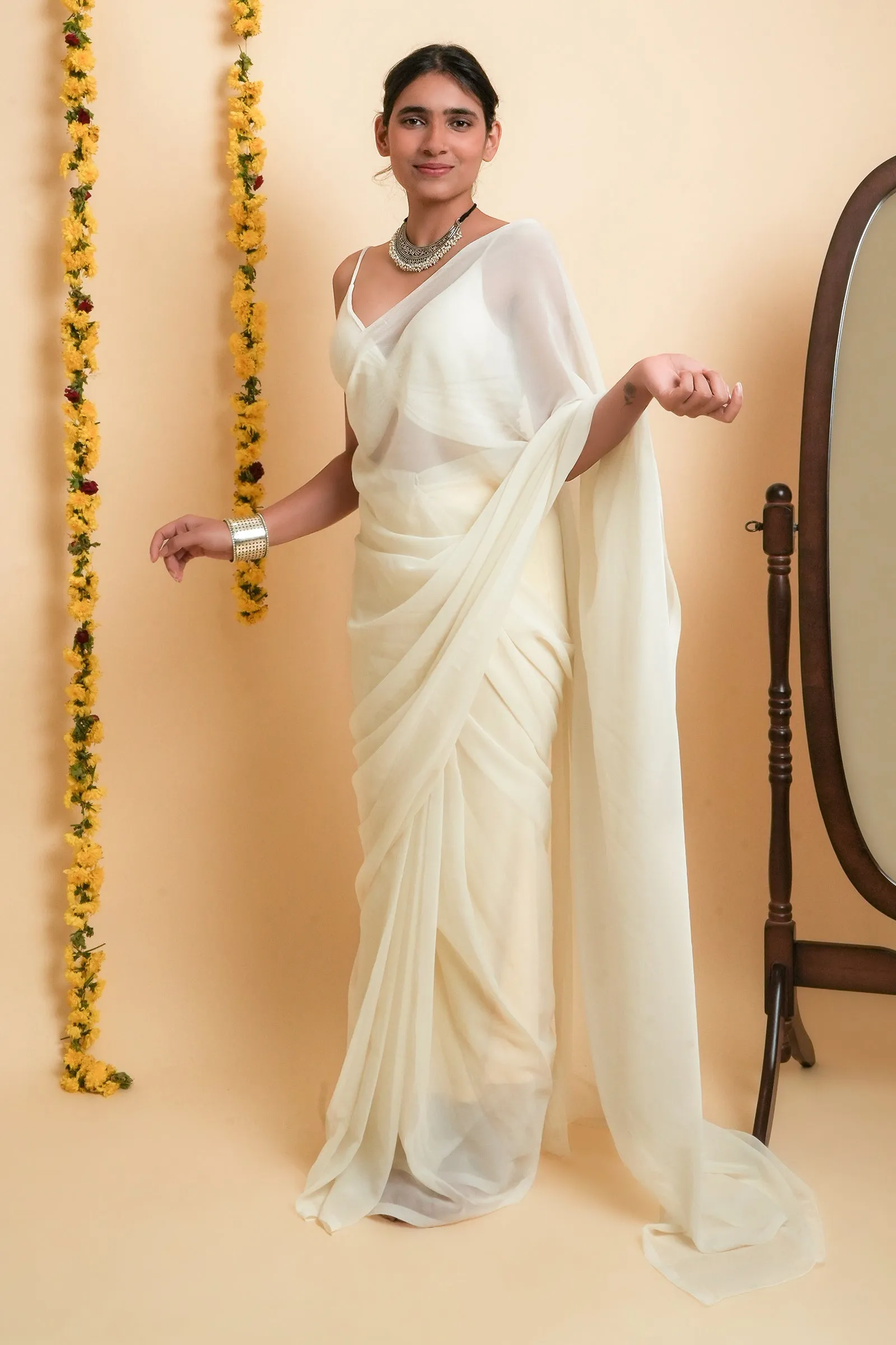 Teejh Farah Cream Georgette Ready to Drape Saree