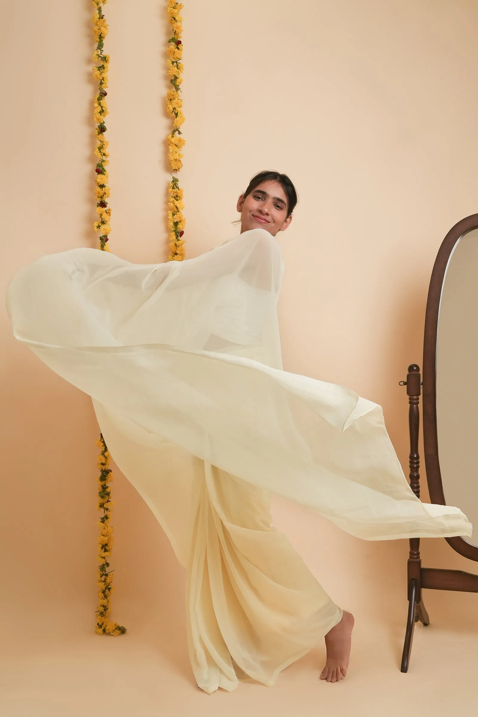 Teejh Farah Cream Georgette Ready to Drape Saree