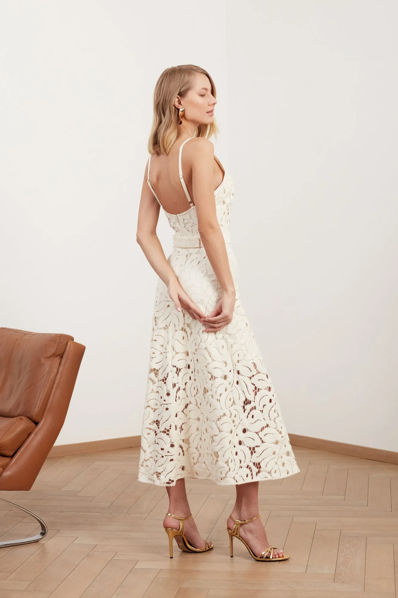 ULLA white lace midi dress with flattering skirt