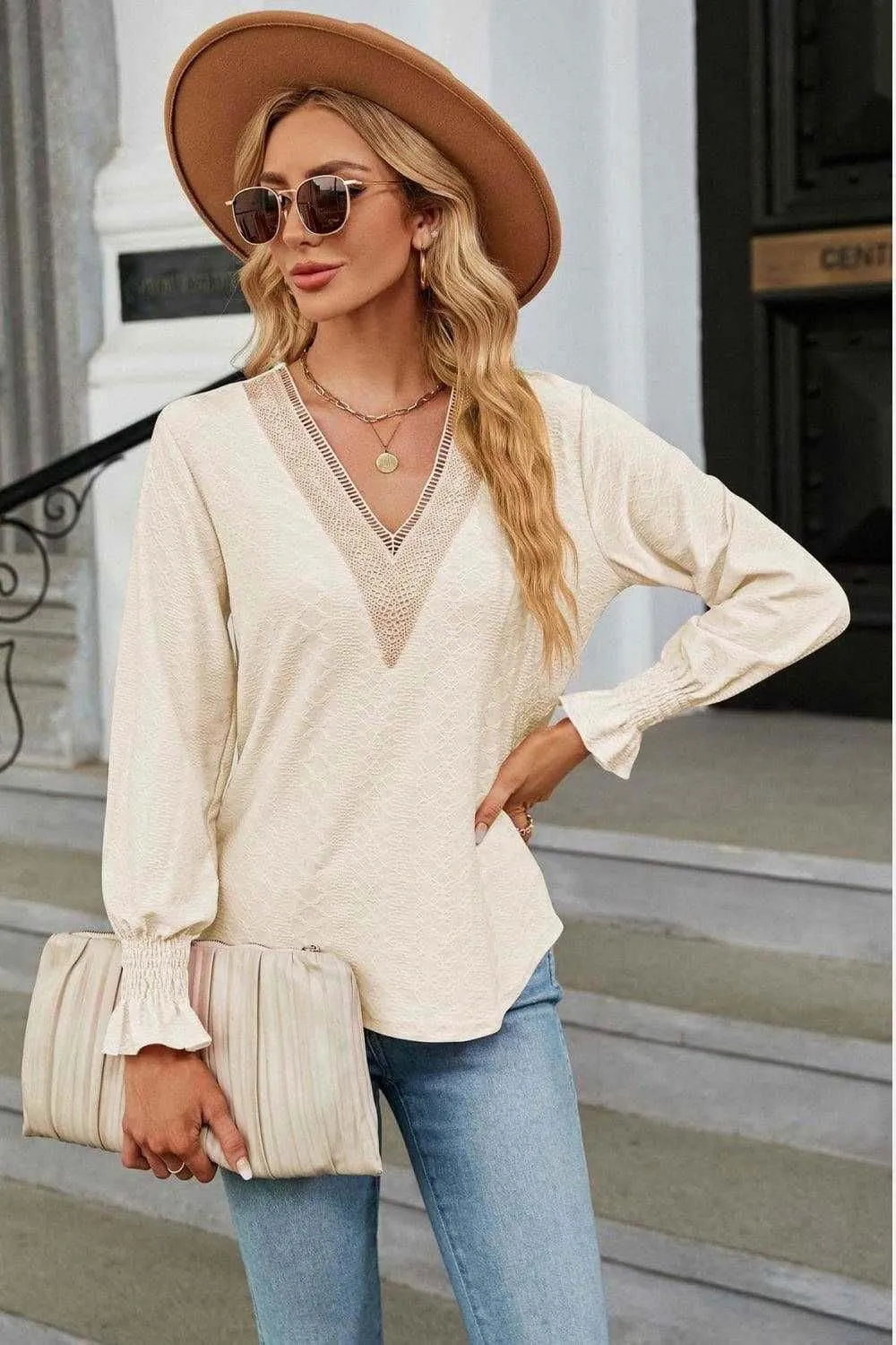 V-Neck Flounce Sleeve Blouse - Chic and Stylish Design