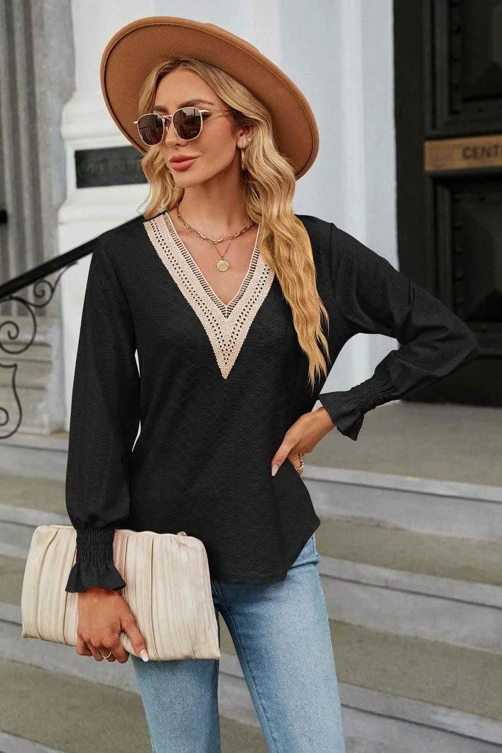 V-Neck Flounce Sleeve Blouse - Chic and Stylish Design