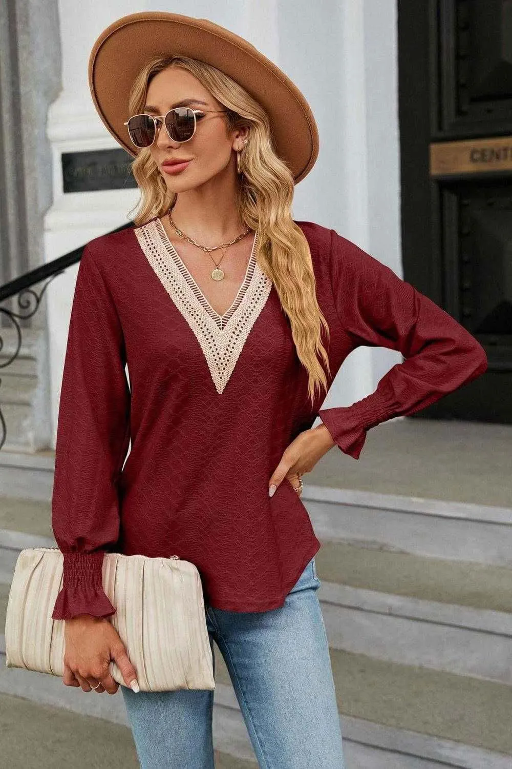 V-Neck Flounce Sleeve Blouse - Chic and Stylish Design