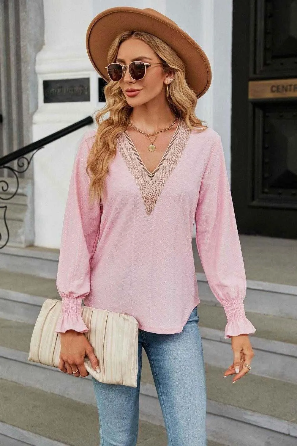 V-Neck Flounce Sleeve Blouse - Chic and Stylish Design
