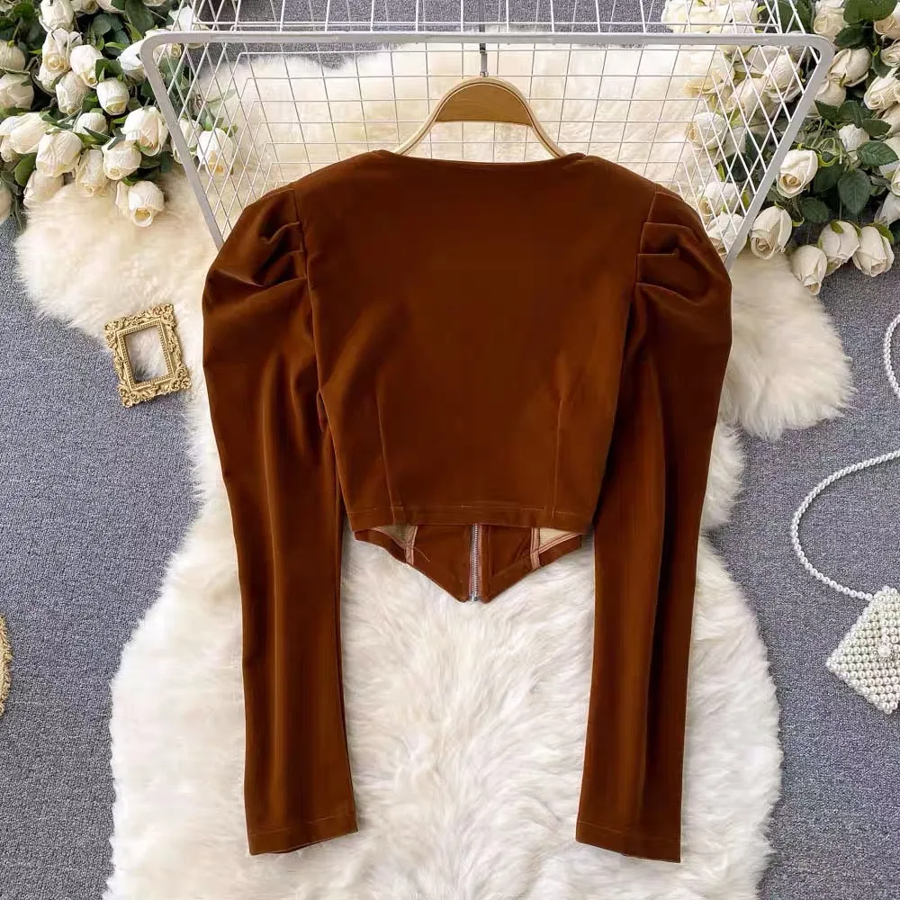 V Neck Zipper Puffed Sleeve Top