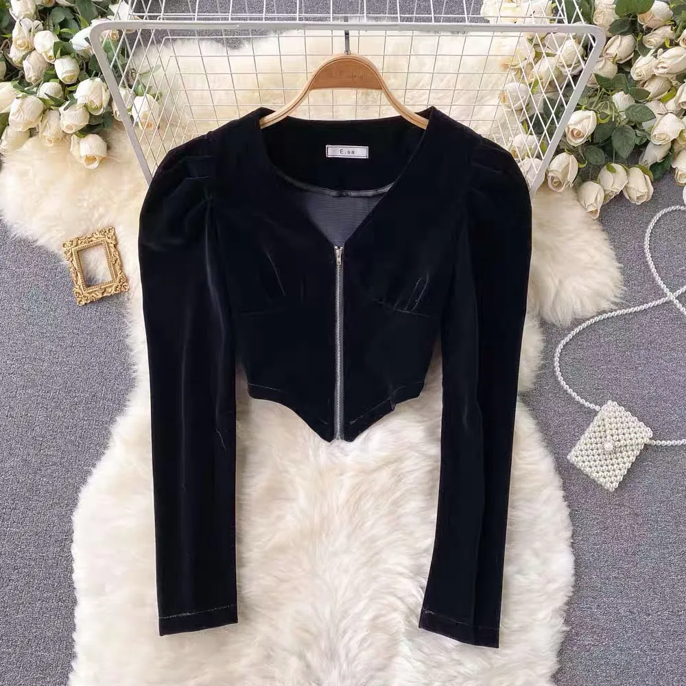 V Neck Zipper Puffed Sleeve Top
