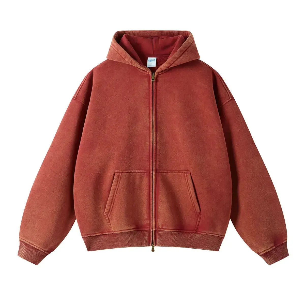 Washed Essential Casual Fleece Zip Hoodie