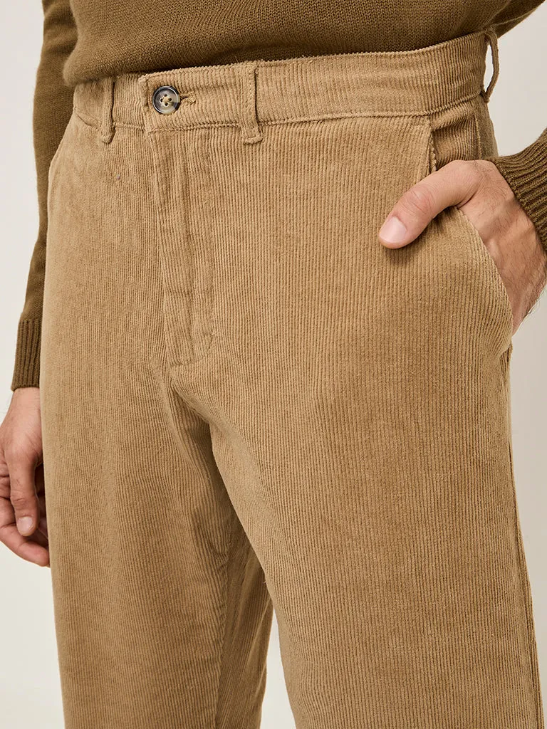 WES Casuals Beige Relaxed-Fit Mid-Rise Cotton-Blend Chinos