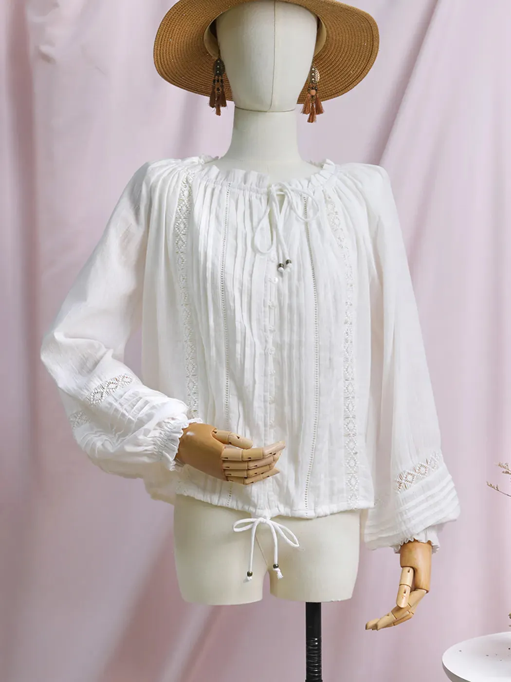 White Boho Lace-Up Ruffle Blouse for Women