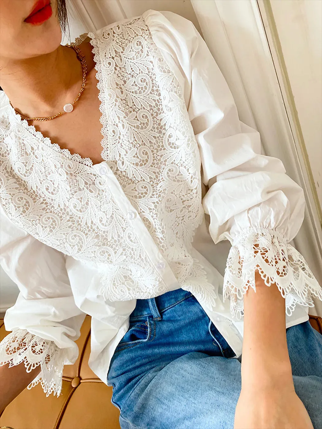White Boho Lace-Up Ruffle Blouse for Women