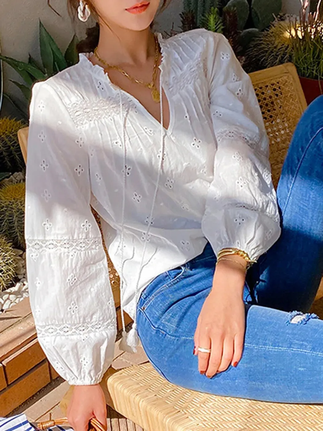 White Boho Lace-Up Ruffle Blouse for Women