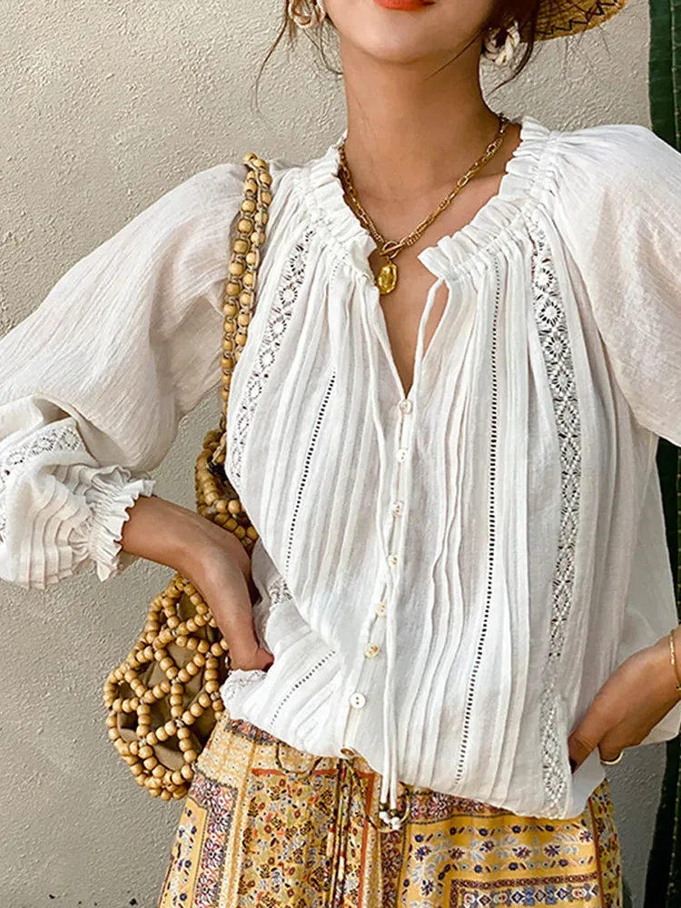 White Boho Lace-Up Ruffle Blouse for Women