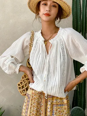 White Boho Lace-Up Ruffle Blouse for Women