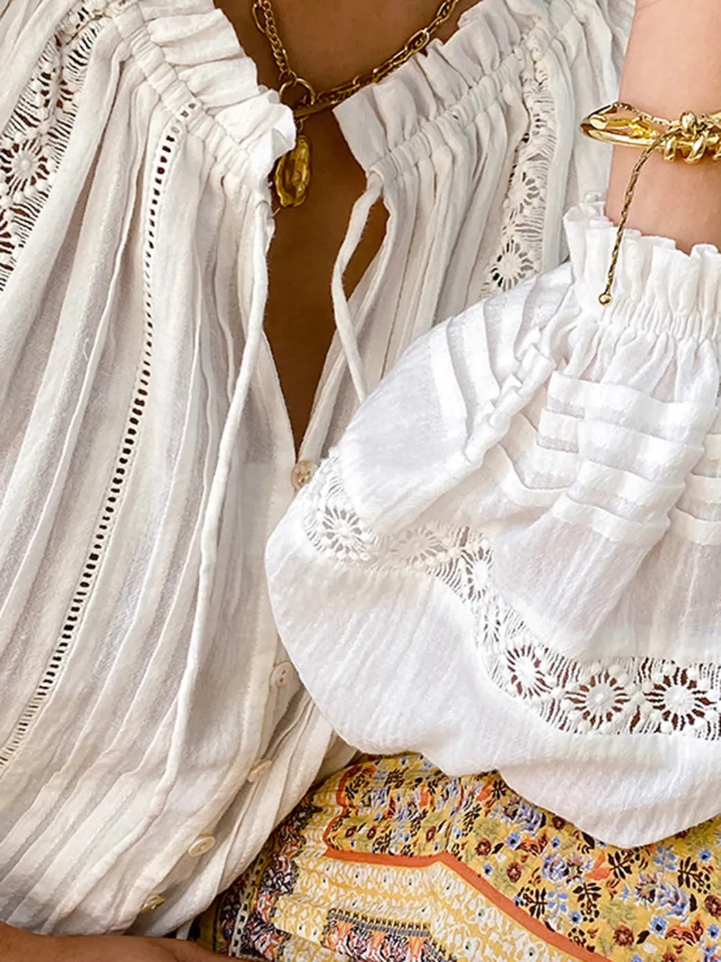 White Boho Lace-Up Ruffle Blouse for Women