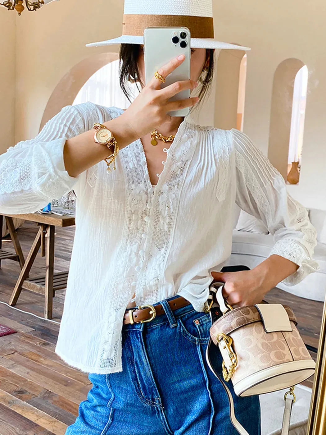 White Boho Lace-Up Ruffle Blouse for Women