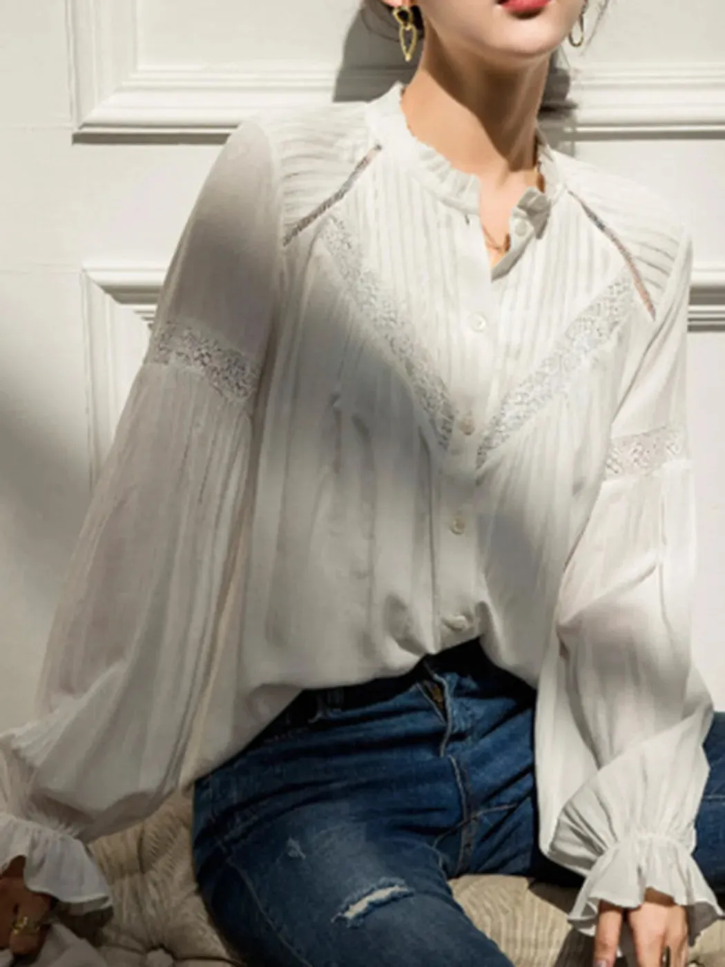 White Boho Lace-Up Ruffle Blouse for Women