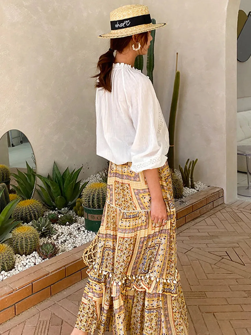 White Boho Lace-Up Ruffle Blouse for Women