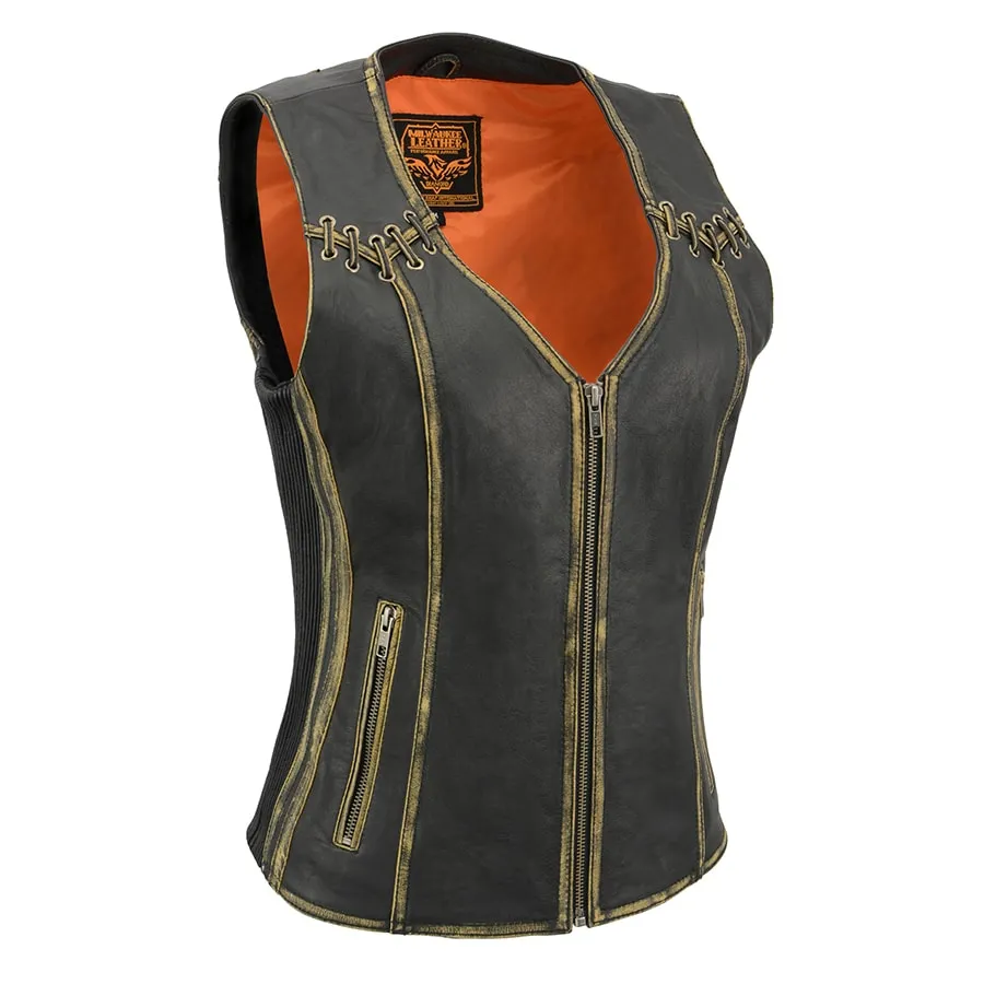 Women Distressed Brown Leather Vest with Lace & Star Accents