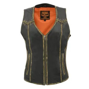 Women Distressed Brown Leather Vest with Lace & Star Accents