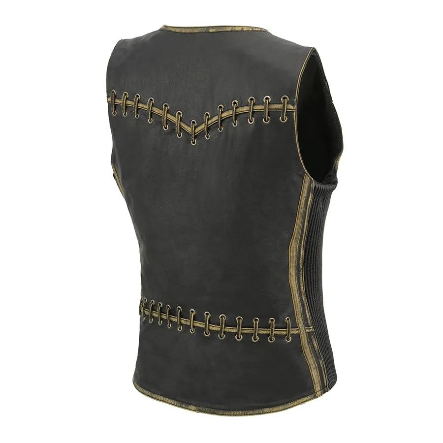 Women Distressed Brown Leather Vest with Lace & Star Accents