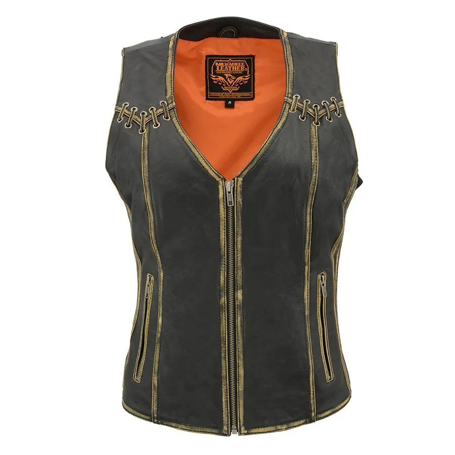 Women Distressed Brown Leather Vest with Lace & Star Accents