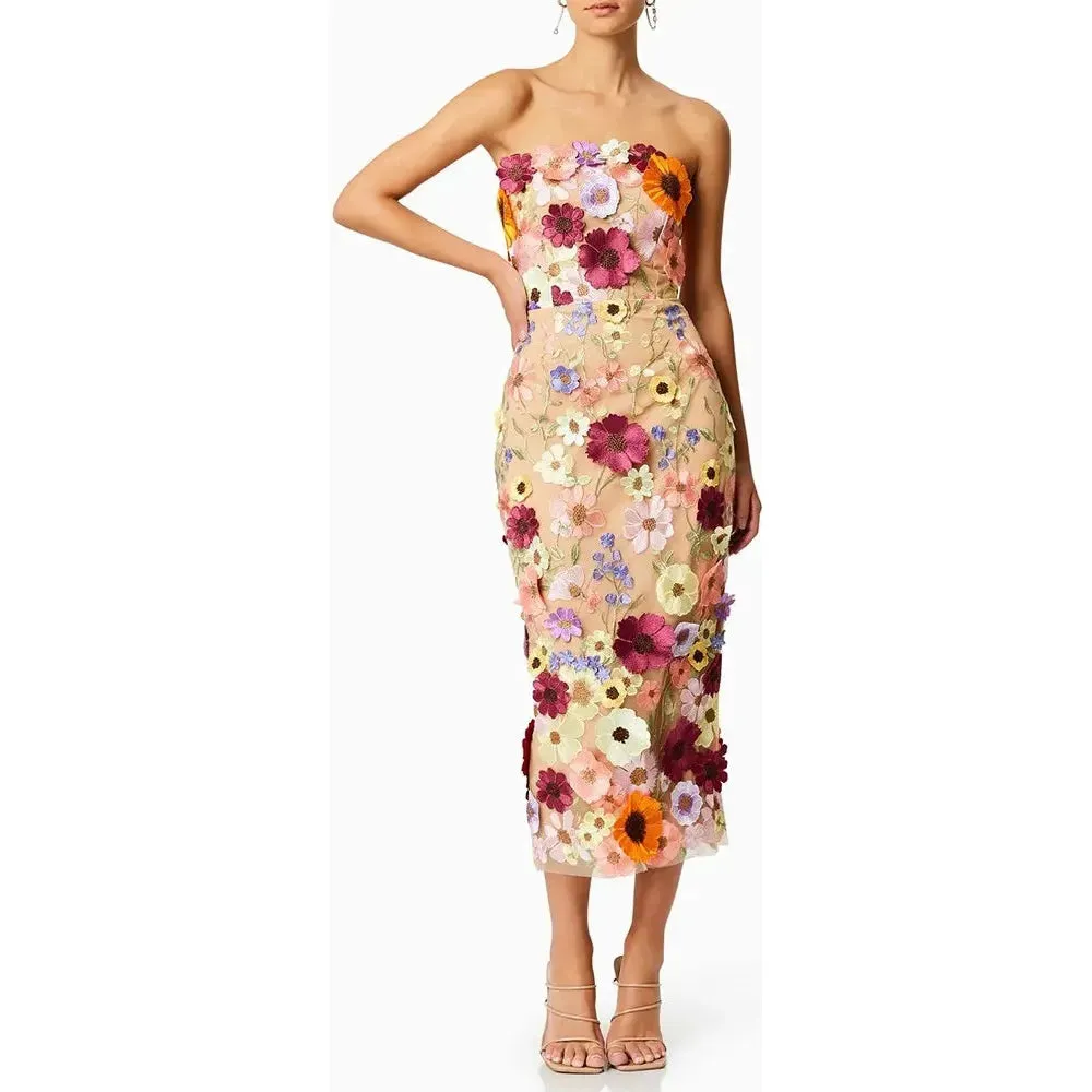 Women's Sleeveless Floral Appliques Midi Dress