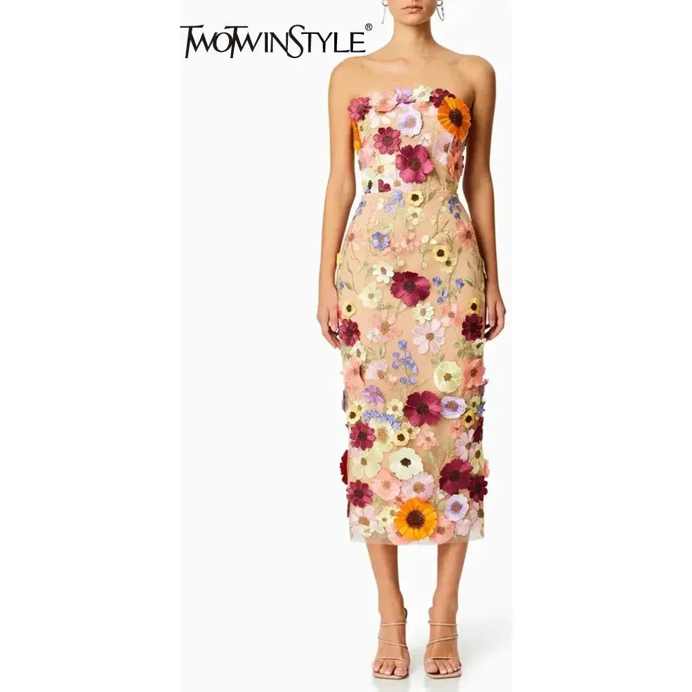 Women's Sleeveless Floral Appliques Midi Dress