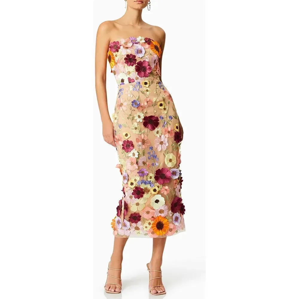 Women's Sleeveless Floral Appliques Midi Dress