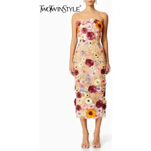 Women's Sleeveless Floral Appliques Midi Dress