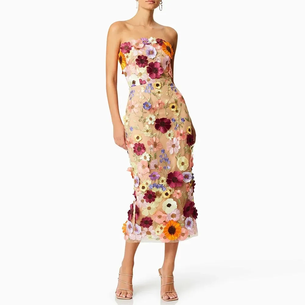 Women's Sleeveless Floral Appliques Midi Dress